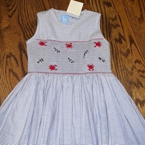 Bella Bliss girls seersucker smocked dress with embroidered anchors & crabs NWT